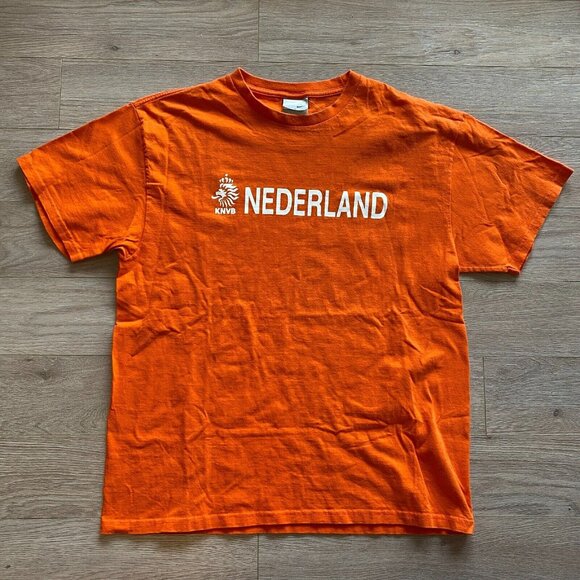 2000s Y2K NIKE KNVB Nederland Soccer Orange Graphic Tee Shirt Silver Tag - Picture 1 of 7